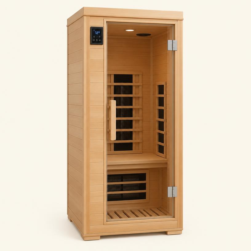 1-person hemlock wood infrared home sauna room with LCD control panel