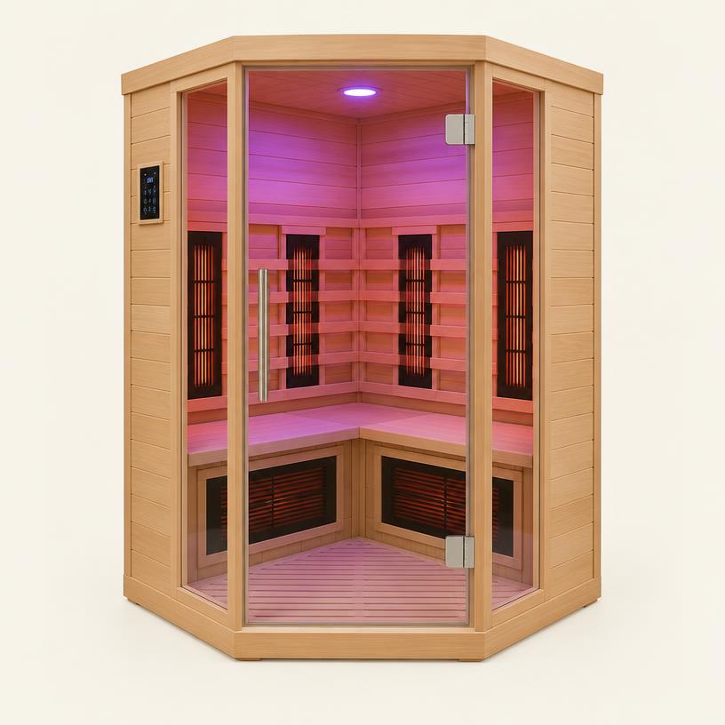 Corner pentagon 2–3 person hemlock far infrared sauna with chromotherapy lighting