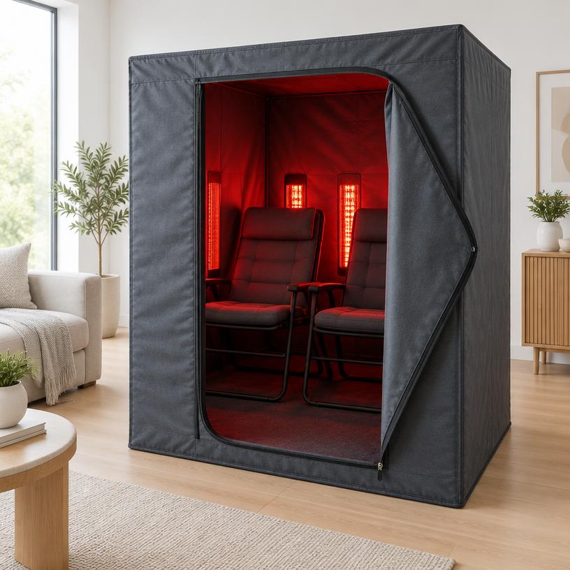Two-person portable fabric infrared sauna with two padded chairs (temporary placeholder image, not the actual product)